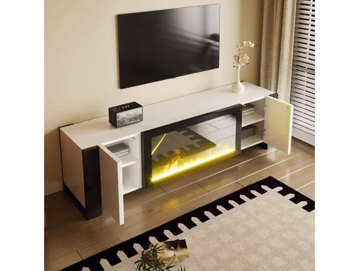 LPOSPI Meuble TV effet flammes électriques sans chauffage - face laquée - blanc et noir - 165x32x55 cm