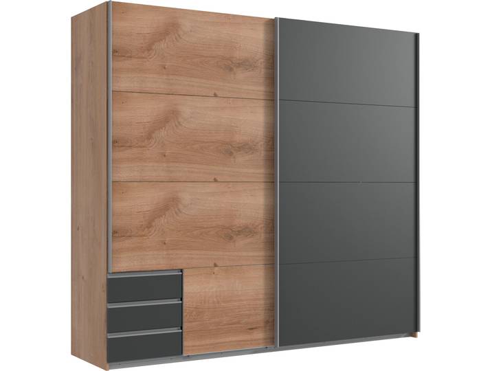 Schwebetürenschrank WIMEX Emden , grau (plankeneichefarben, graphitfarben), B:225cm H:210cm T:64cm, Holzwerkstoff, Schränke, Schwebetürenschrank, Mit Außenschubkästen