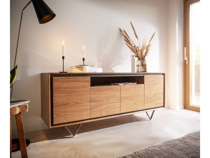 Sideboard Stonegrace 175 cm Akazie Natur 4 Türen 1 Fach Steinfurnier V-Fuß, Sideboards