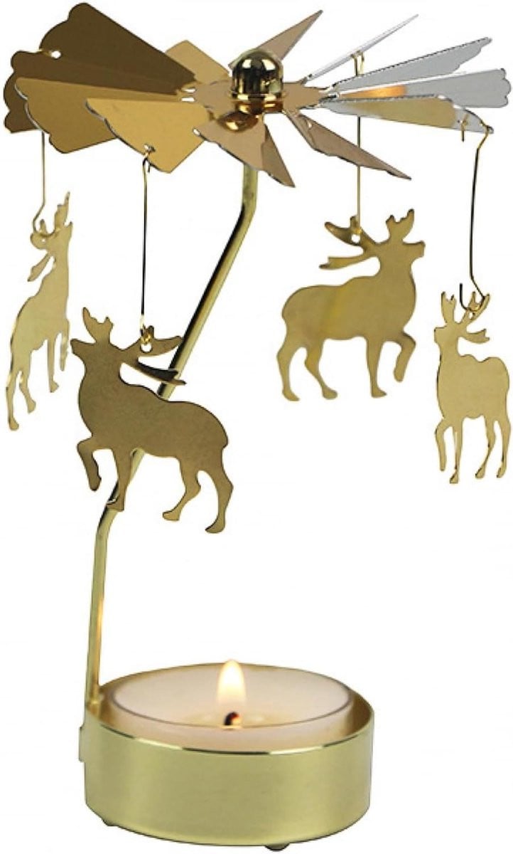 Gouden Metalen Carrousel Theelichthouder - Draaiende Kandelaar voor Sfeerverlichting - 7,5 x 17 cm