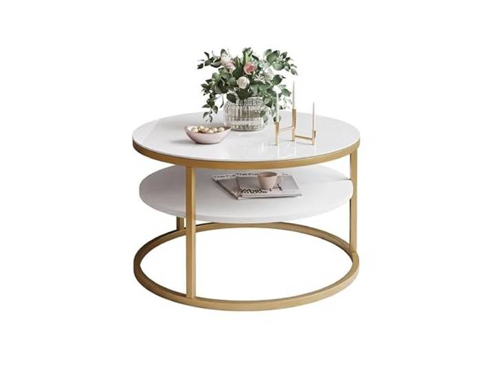 Lookway Couchtisch CIRI Slim – Minimalistischer Runder Glas-Tisch mit Ablage, Ø60 cm (Weißes Glass/Gold Matt)