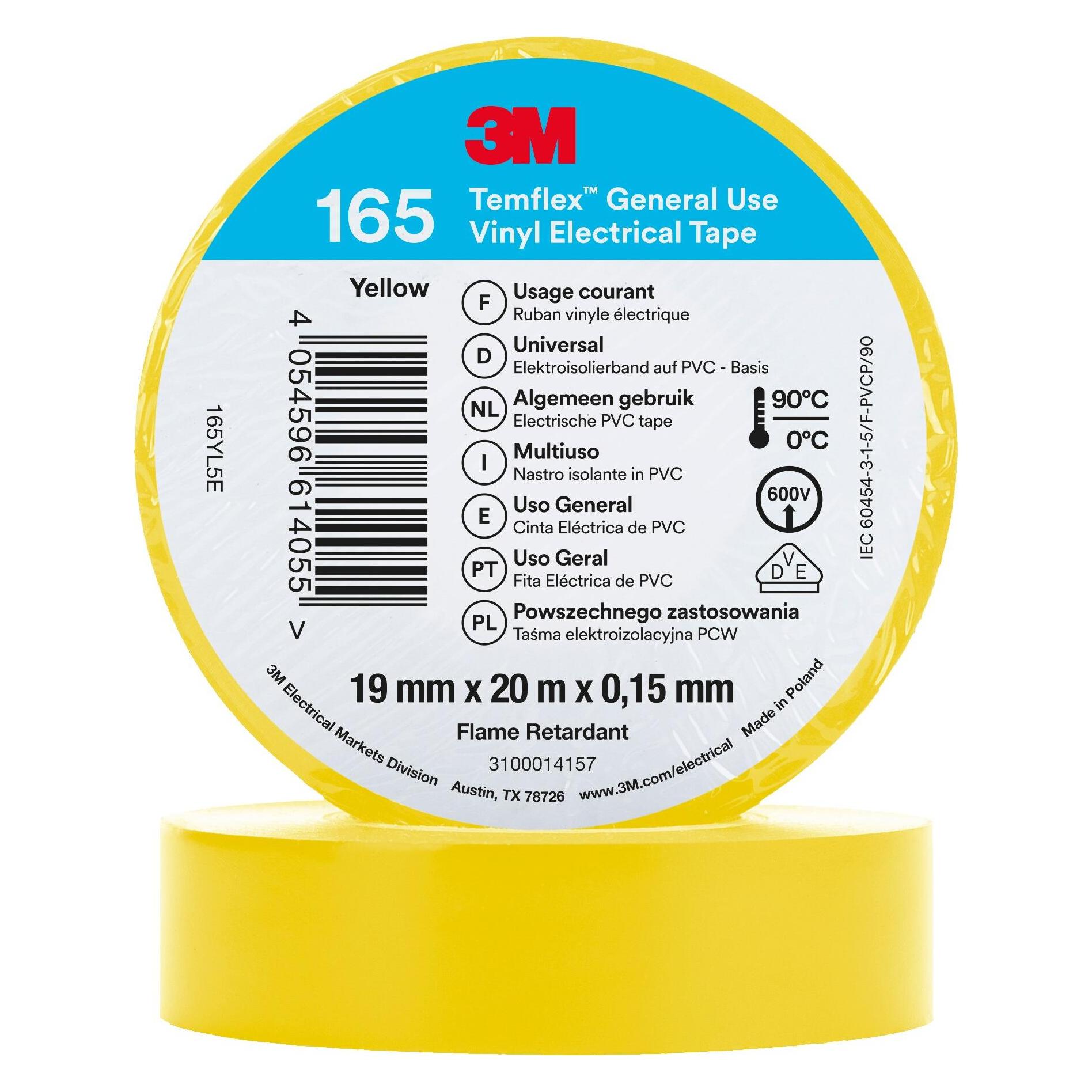 3M Temflex Vinyl-Isolierband 165, 19 mm x 20 m (19 mm) (165YL5E)