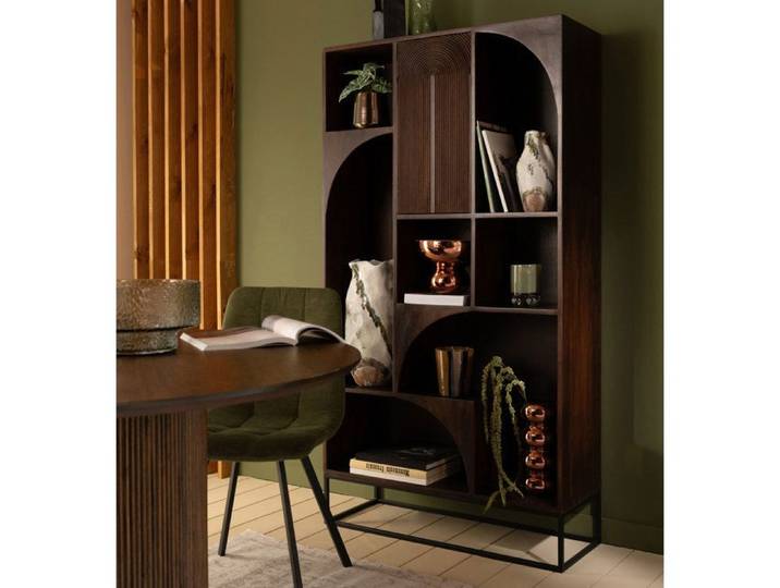 Etagère design 1 porte 7 niches 90x33x168 cm en manguier brun