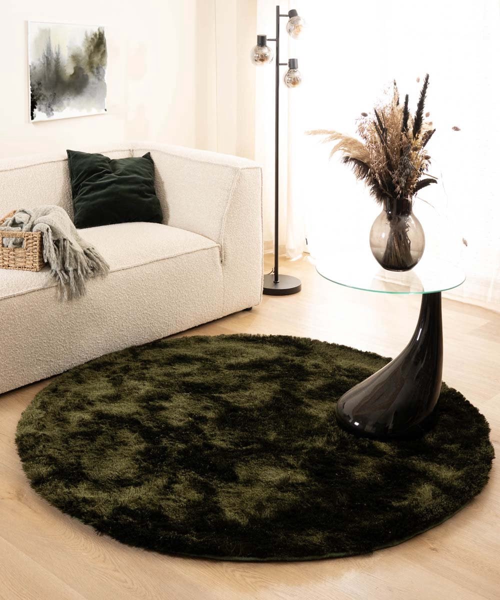 Spark Shaggy vloerkleed rond - Olijfgroen - Diameter: 100 cm