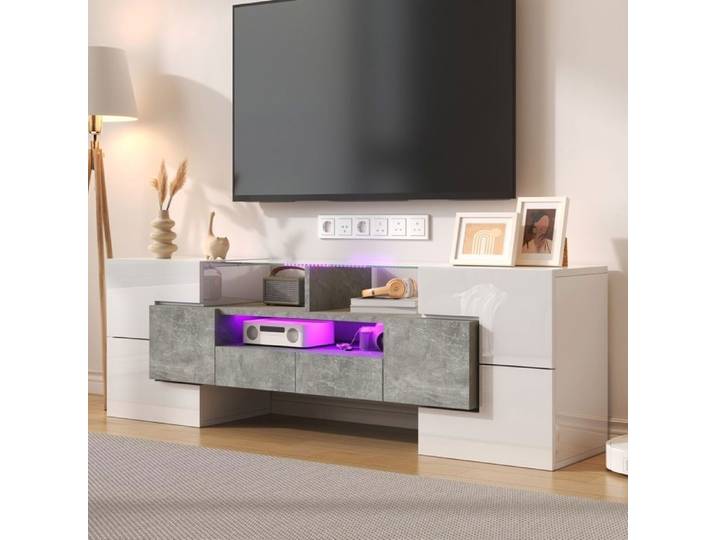 Meuble TV bas et élégant. 145 cm éclairage LED meuble de salon. Design moderne. Plateau en verre raffiné. Blanc brillant
