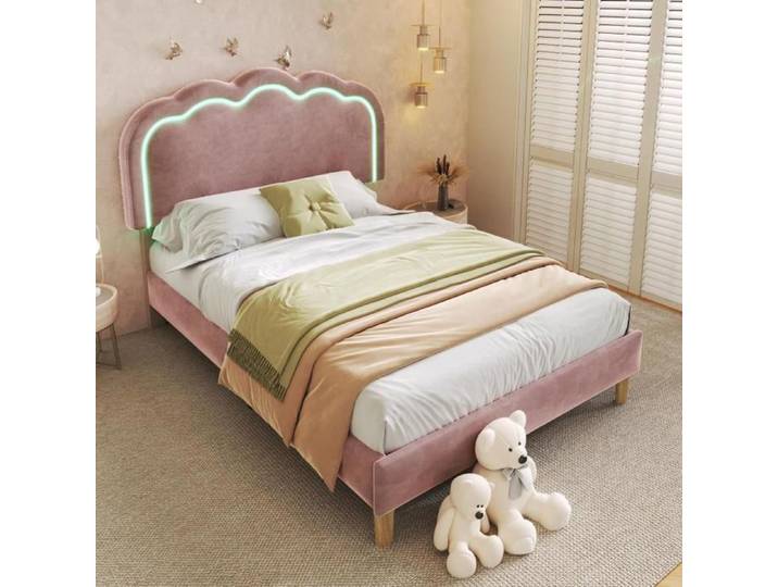 Lit 90x200 cm adulte LED lit simple cadre de lit rembourré Rose