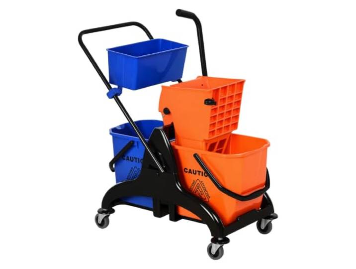 HOMCOM Chariot de Ménage Chariot de Lavage Seau 26 L 78x45x95 cm Orange Essoreuse Latérale\, Panier de Rangements\, Métal et Plastique