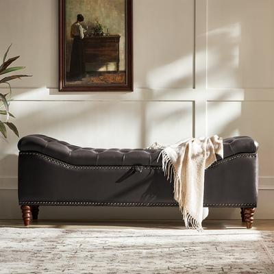 "HULALA HOME Zona 59""W Traditional Faux Leather Tufted Upholstered Storage Bench With Soild Wood Legs and Nailhead Trim"