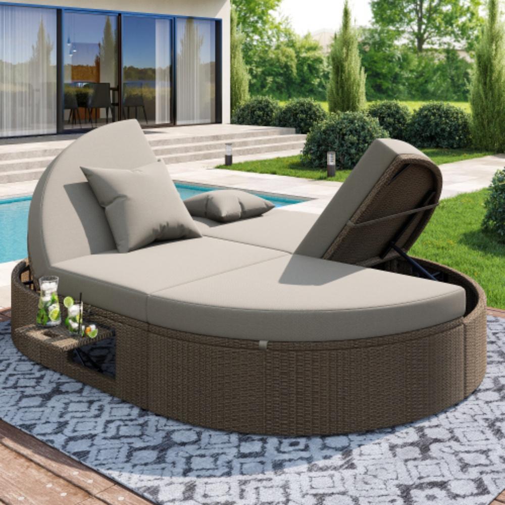 Gartenliege mit seitlichem Regal, Outdoor Daybed Sonnenliege Doppelliege 2 Personen Klapptisch,Garten Relaxliege,einstellbarer Winkel