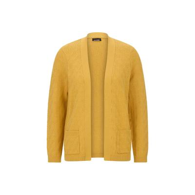 Strickjacke GOLDNER "Baumwoll-Cardigan ohne Verschluss", Damen, Gr. 44, gelb (honig), Obermaterial: 100% Baumwolle CO., figurumspielend, Rippbündchen, Strickjacken Strickjacke, aufgesetzte Taschen