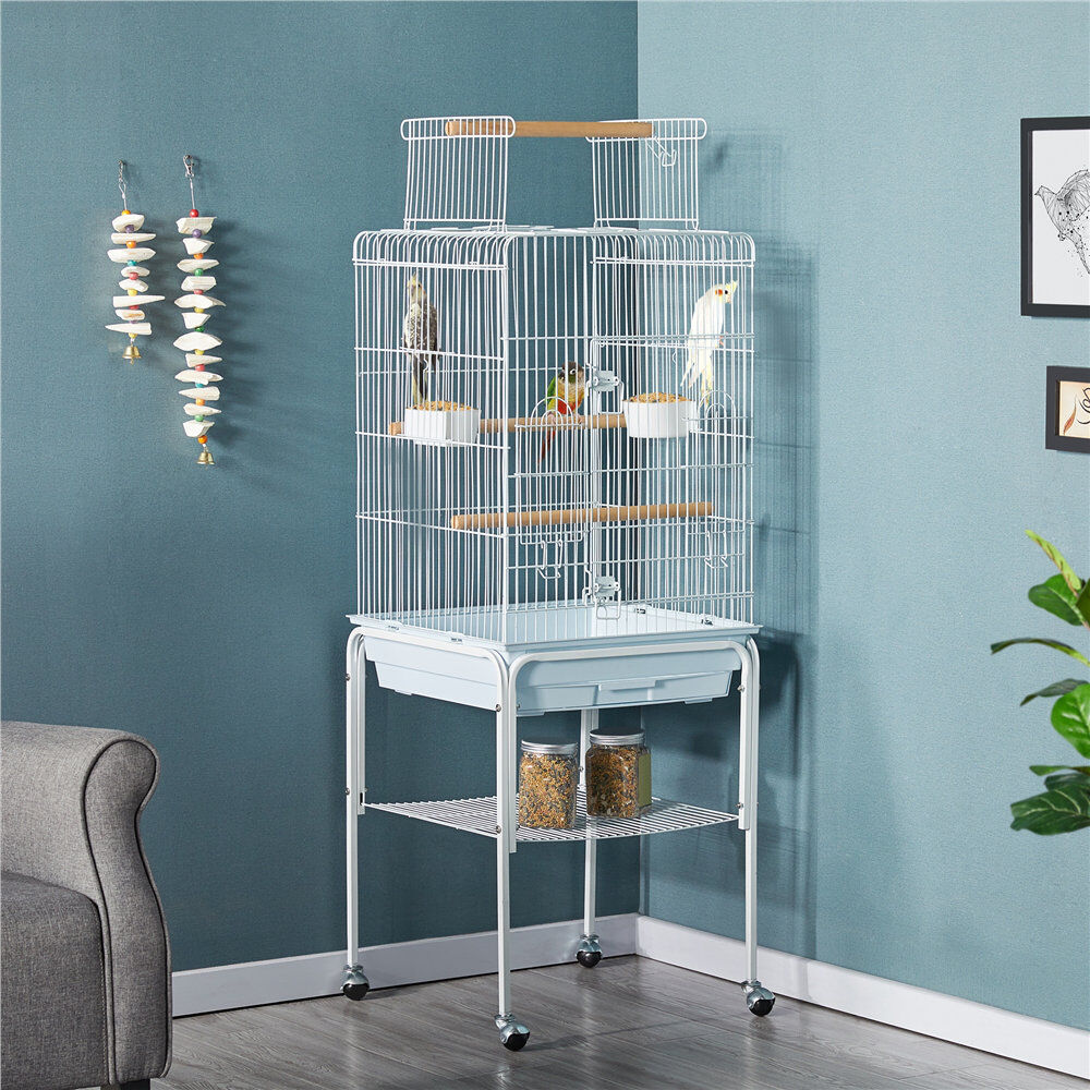 Yaheetech 136cm Iron Play Top Floor Bird Cage with Wheels White 136cm H X 46.5cm W X 46.5cm D