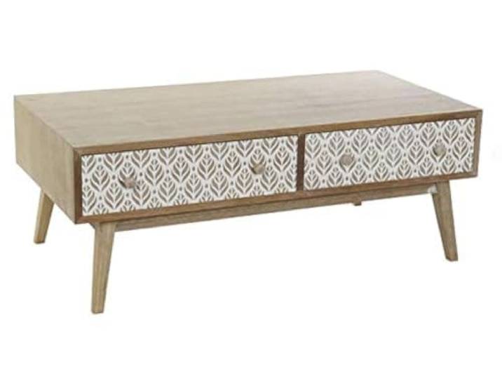 DRW Couchtisch mit 2 Schubladen aus Paulownia mit natürlichen Blättern, 120 x 64 x 45 cm