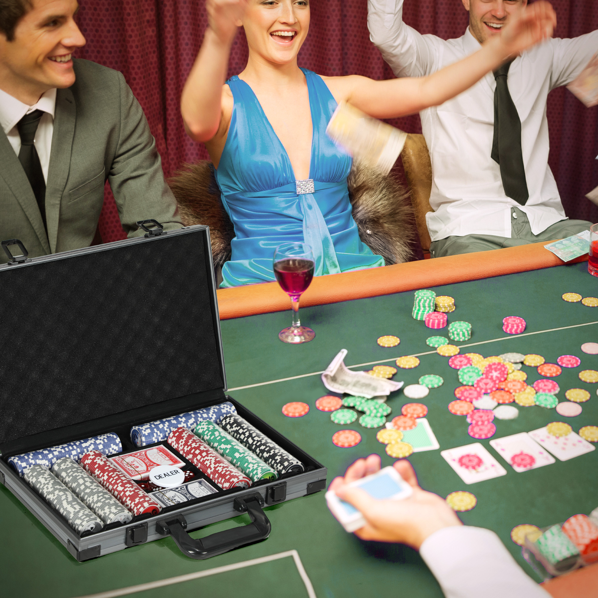Sportnow Set da Poker per 10 Giocatori con 400 Fiches, 2 Mazzi di Carte, 5 Dadi, Tappetino e Valigetta Grigia
