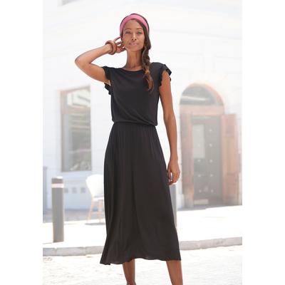 Jerseykleid BEACHTIME BY LASCANA "aus Viskosejersey mit Gummizug in der Taille, elegantes Midikleid", Damen, Gr. 46, N-Gr, schwarz, Jersey, Obermaterial: 100% Viskose, unifarben, figurumspielend ca. Mitte Wade, Rundhals, Kleider Jerseykleid,...