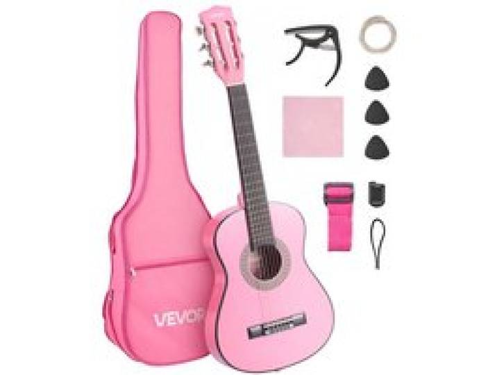 VEVOR Konzertgitarre, 780 mm Holz-Klassikgitarren-Starter-Set für Anfänger, mit Nylonsaiten, Gigbag, Gurt, Stimmgerät, zusätzlichen Saiten, Plektren, Kapodaster, Linde, für Einsteiger, Studenten, Pink