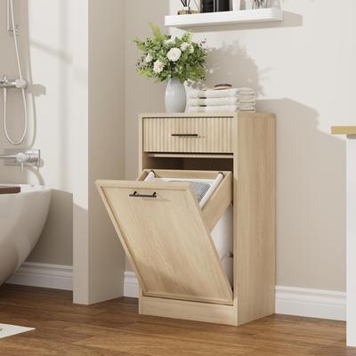Garvee Modern Tilt Out Laundry Hamper Cabinet, Waterproof Removable Basket, Freestanding 20gal Trash Can Cabinet, Drawer