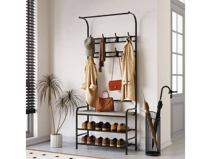 4 en 1 Porte Meuble d'Entrée- PORTE-MANTEAU - HOERFURIY- Meuble d'Entrée avec Banc - Style Industriel