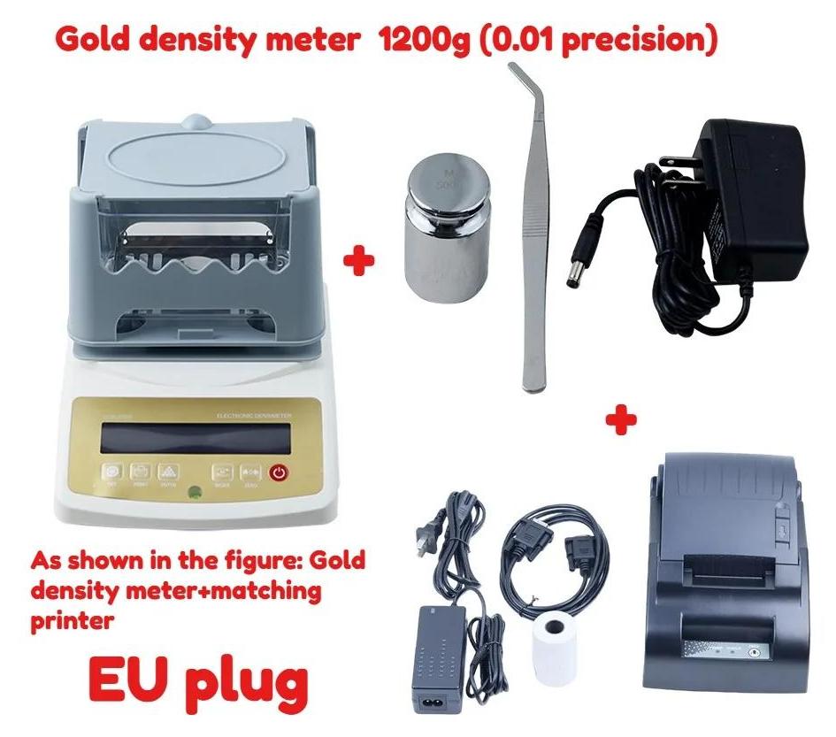 Goldreinheitstester - Digitales Goldprüfgerät mit Waage 0,01 g und Etikettendrucker - Für Gold Silber Jade Schmuck - Dichte Reinheit K-Wert - Kapazität 1200 g - 220V EU-Stecker