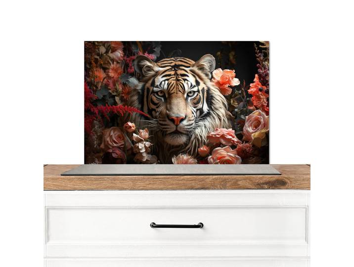 MuchoWow Spritzschutz Küche Tiger - Tier - Natur - Floral - Botanisch 70x50 cm, Orange, Metall, Rechteckig, 70x0.3x50 cm, rostfrei, Küchenzubehör, Küchenhelfer, Küchenutensilien
