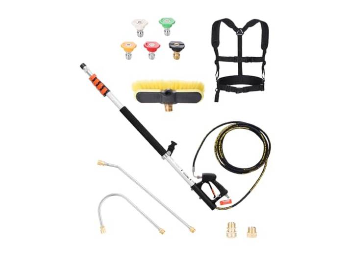 VEVOR Lance Télescopique pour Nettoyeur Haute Pression 5437 mm\, Baguette Pulvérisation Télescopique 4000 psi avec Rallonges\, Tête de Brosse\, 5 Buses\, Adaptateur\, Ceinture de Support\, pour Gouttière