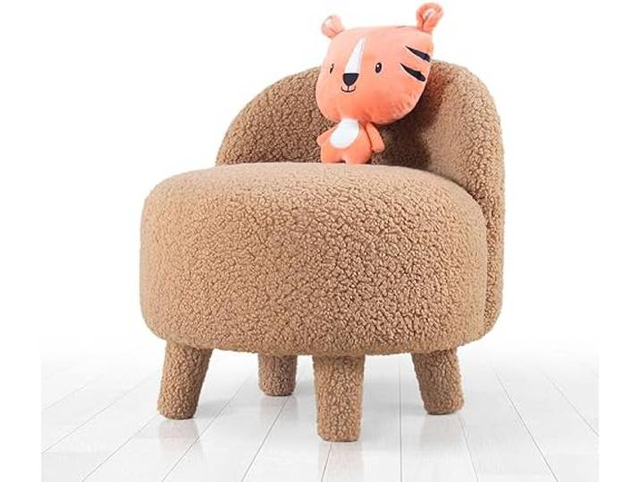 Atelier Del Sofa Stilvoller brauner Pouf aus 100% Kunstfell, Holzbeinen, 35 mm orthopädischer Polsterung, 46 cm Durchmesser, 51 cm Höhe Modernes skandinavisches Design