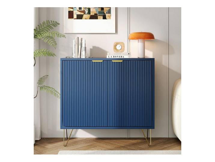 LuxusKollektion Sideboard Sideboard blau 2 Türen Stauraum goldene Metallbeine Rillendesign (1 St)