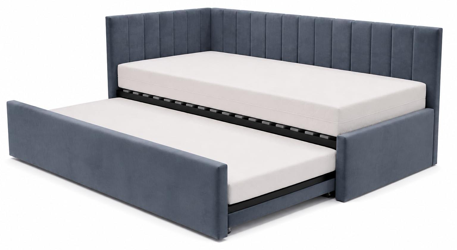 Kinderbett Alvin 01 90x200 - Jugendbett mit einer Schublade und zwei Liegeflächen - Einer Matratze T28-30 - Weich Riviera-Stoff - Blau, Links