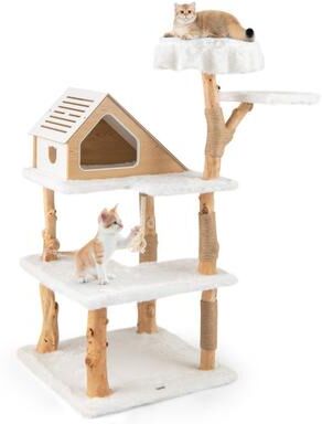 Costway 60 Inch Tall Solid Wood Cat Tree Modern Wooden Cat Tower with 2 Perches-White