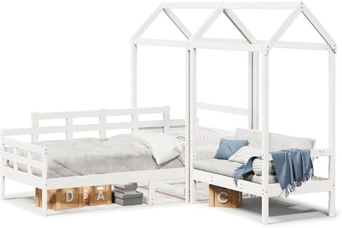 Tagesbett 80x200 Kiefernholz weiß mit Bank und Dach Modernes Design Robust für Wohnzimmer Kinderzimmer Gästezimmer