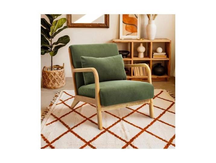 Fauteuil scandinave vintage en velours côtelé - SICAAN - Collection MARIE - Bois massif - Coussin inclus