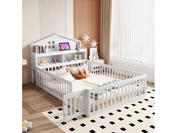 WOVREO Lit enfant cabane 140 x 200 cm avec barrières petite porte rangements en tête de lit blanc