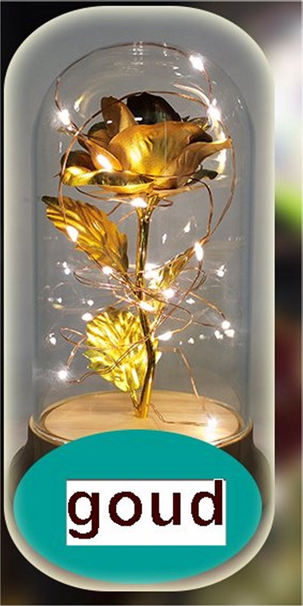 Vdtoys LED Eternal Rose onder stolp - Goud - Hoogte: 18,5 cm, Diameter: 11 cm
