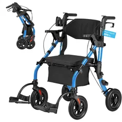 VEVOR 2-in-1 Rollator Faltbar mit Sitz, Leichter Gehwagen mit Reifen, Gehhilfe bis 136 kg mit Rückenlehne Tasche Gehstockhalter, Höhenverstellbare Laufhilfe mit Feststellfunktion für Senioren, Blau