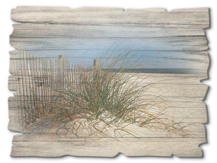 Holzbild ARTLAND Schöne Sanddüne mit Gräsern und Zaun , beige (farbe bild(er): naturfarben), B:40cm H:30cm, Bilder, Holzbild