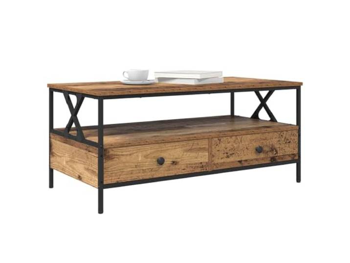 KTHLBRH Couchtisch aus altem Holz, 100 x 51 x 45 cm Mehrschichtholz, 2 Schubladen, 1 Regal, 3 Fächer, einfache Reinigung