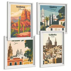 BILDER SET 4er Set - 50x50 cm & 40x60 cm Weißer Rahmen - Retro-Stadtansichten Sedona Sintra
