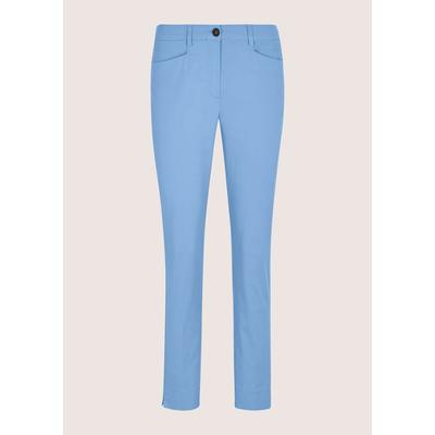Chinohose MADELEINE "Chinohose Jerseyhose mit Formbund", Damen, Gr. 21, N + K Gr, blau (gletscherblau), Obermaterial: 97% Baumwolle CO. 3% Elasthan EL., Modern, schmal, Hosen Chinohose, leicht gepeachte Oberfläche