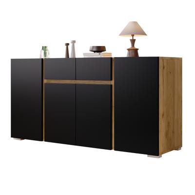 Merax Sideboard 140 x 35 x 70 cm mit 4 Türen, 2 Schubladen und verstellbaren Einlegeböden, Schwarz/Naturholzoptik