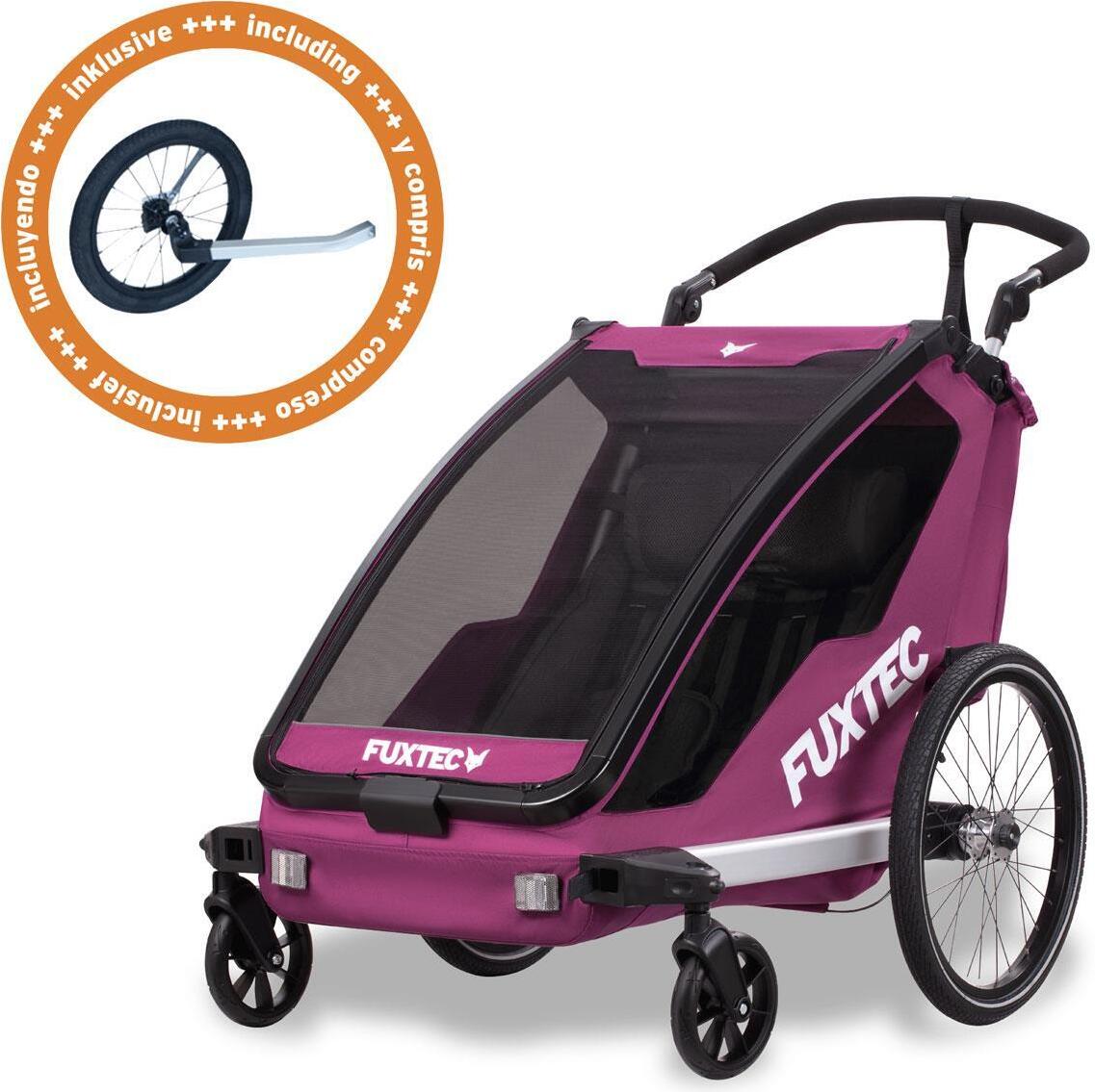 FUXTEC Fahrradanhänger/Jogger FX-FA1-SET-PURPUR - inklusive Jogger-Rad | Buggyfunktion |Faltbar | 5-Punkt-Gurtsystem | Insektennetz