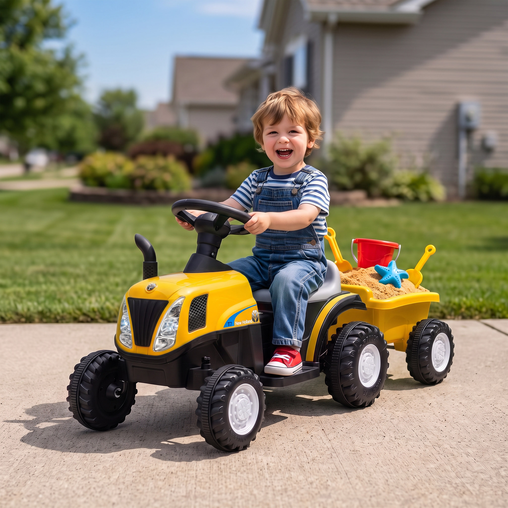 Aiyaplay Trattore Elettrico 2 in 1 per Bambini 6V con Rimorchio Staccabile, Musica, Clacson e Luci, 1-3 Anni, Giallo   Aosom Italy
