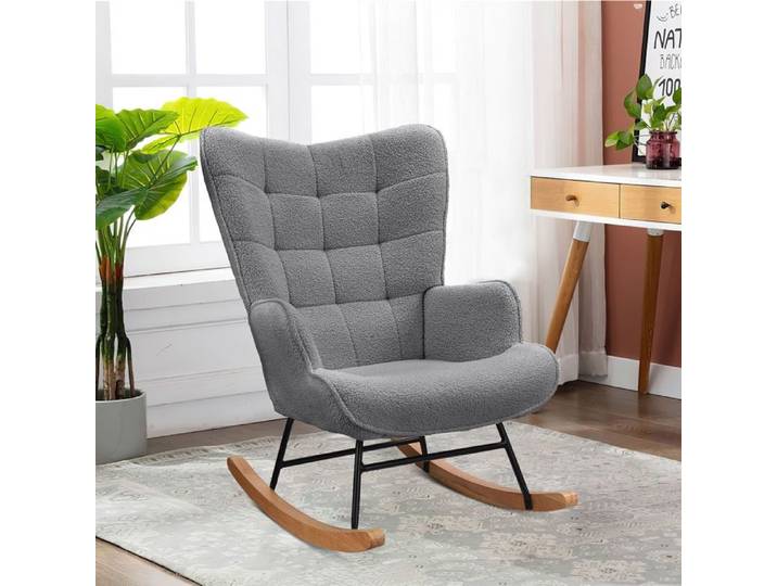 Fauteuil à Bascule - Fauteuil à Oreilles Rembourré - Pieds en Métal et en Bois Massif - Velours Teddy - gris