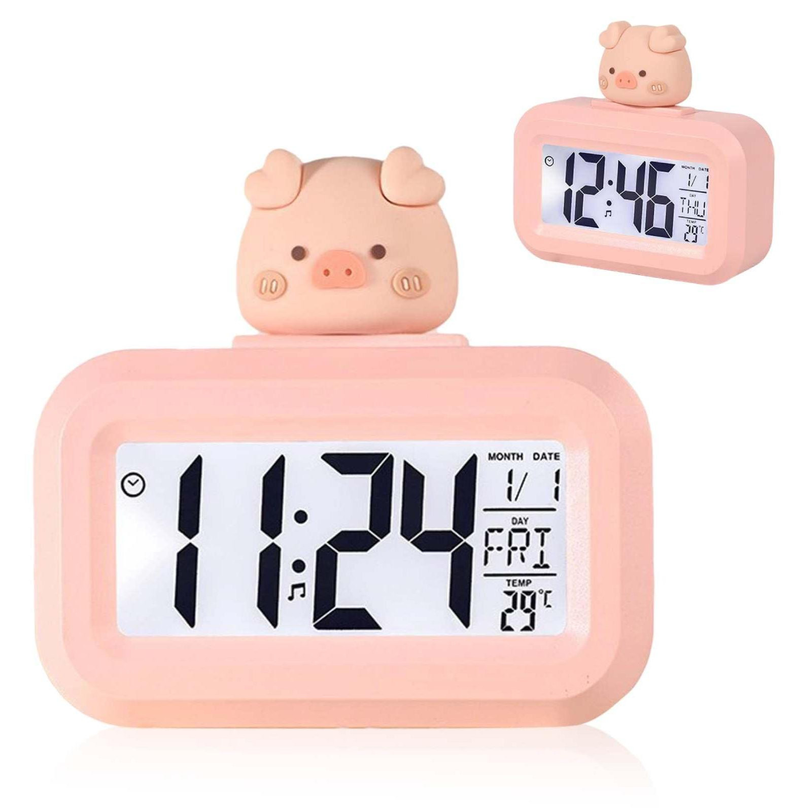 Dripio Digitale wekker cartoon varken roze met temperatuurindicator en kalender