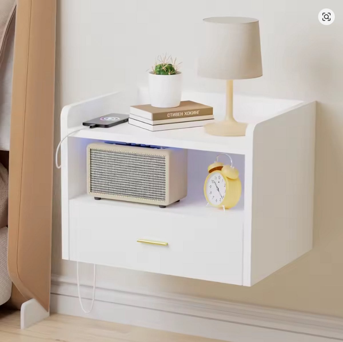 Modern Wit Zwevend Nachtkastje met LED Verlichting, USB en Stopcontact
