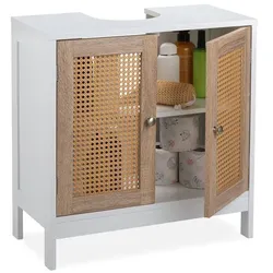 Relaxdays Waschbeckenunterschrank mit Rattan-Türen Weiß,Hellbraun