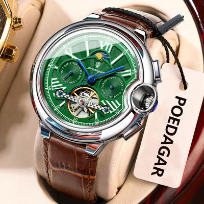 Youfap Market Luxury Automatic Mechanical Watch For Men With Tourbillon & Stainless Steel Design silver Green Strap