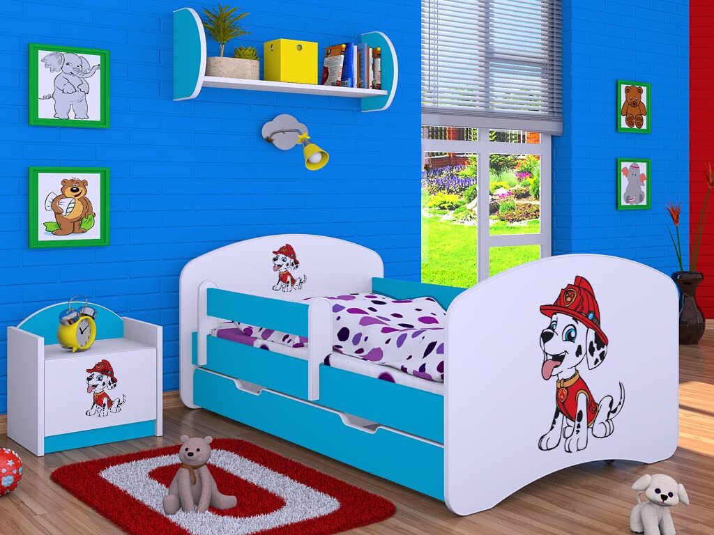 BDW, Kinderbett mit Rausfallschutz, Matratze, Schublade, Blau Superhund, 4, 190x90cm