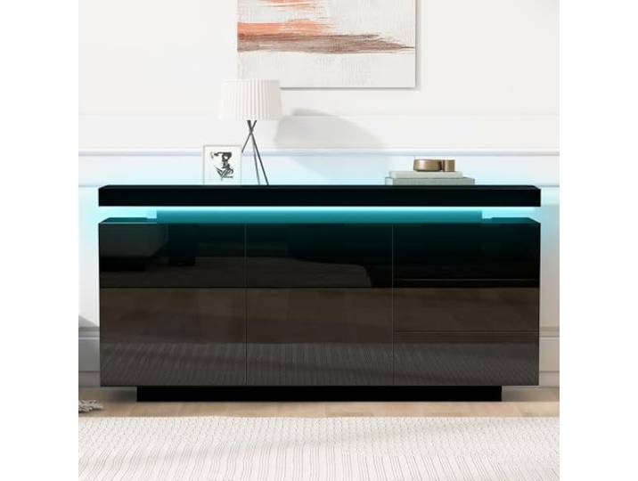 Merax LED Hochglanz Sideboard 140x35x72.5 cm, Kommode mit 2 Türen und 3 Schubladen, Grifflose Standschrank Anrichte, Modernes Möbel für Wohnzimmer, Flur & Schlafzimmer (Schwarz)