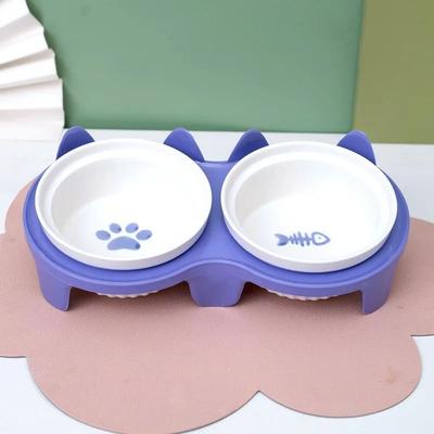 Uplift Picks Elevated Ceramic Double Pet Bowl For Cats And Small Dogs purple