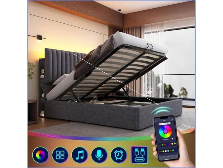 Lit Cadre - Stauraum LED App-Control USB/Type C Tête Réglable - 140x200cm - Gris