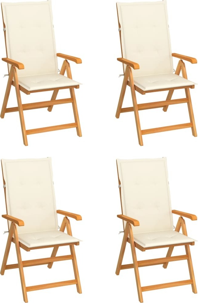 Klappstühle, 4er-Set mit cremefarbenen Kissen, aus massivem Teakholz